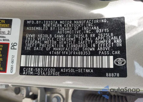 2015 Toyota Camry Le from USA, damaged, VIN 4T4BF1FK3FR488353